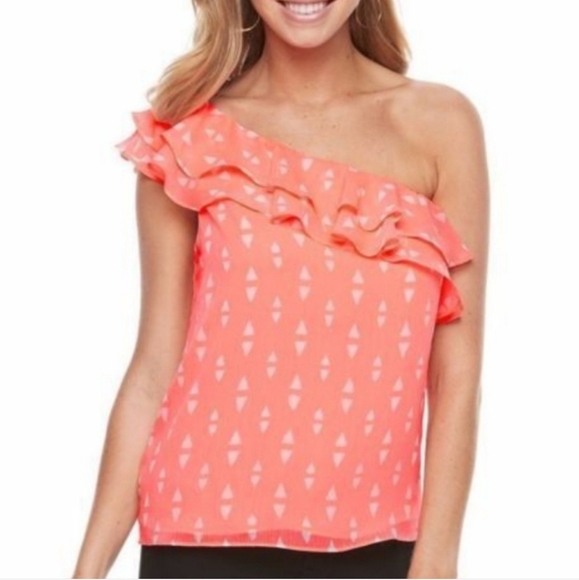 Apt. 9 Women's One-Shoulder Ruffle Blouse - Coral & White, Size XL, NWT - Picture 1 of 8